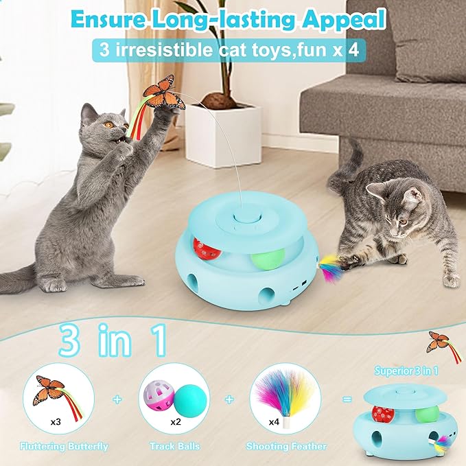 3-in-1 Interactive Cat Toys for Indoor Cats, Automatic 6 Holes Mice Whack-A-Mole, Fluttering Butterfly, Track Balls, USB Rechargeable, Ultra Fun Smart Interactive Kitten Toy (Tiffany Blue)