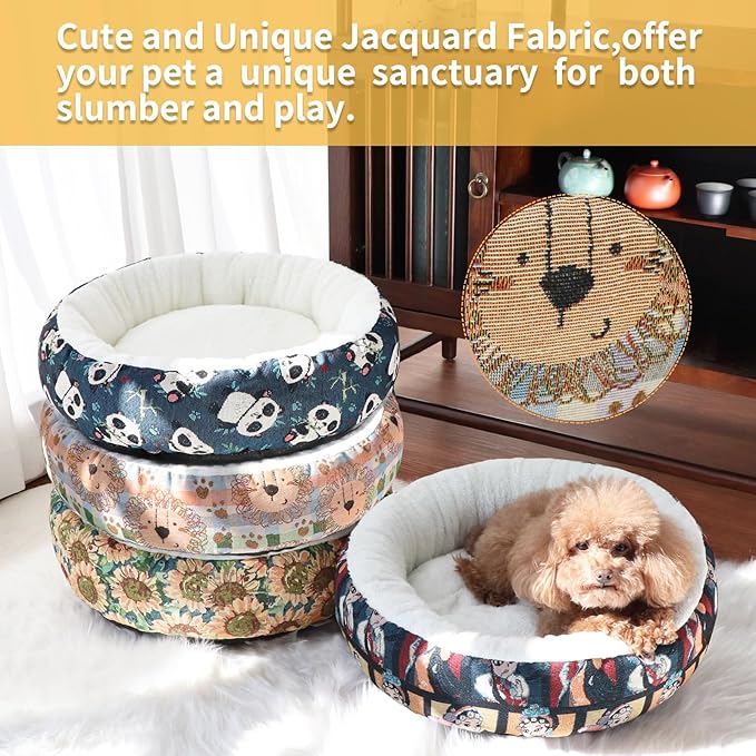 Circular Calming Dog & Cat Bed Anti-Anxiety Plush Dog Bed Washable Pet Bed with Anti Slip Backing Donut Cuddler with Cute Jacquard Patterns for Cat and Small Puppy 20" (X-Small, Lion)