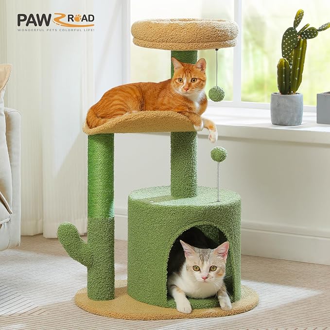 PAWZ Road Cactus Cat Tree Small Cat Tower 32” Cat Scratching Post with Curved Perch, Cozy Cat Condo, Removable Padded Top Bed for Kittens and Indoor Cats-Green