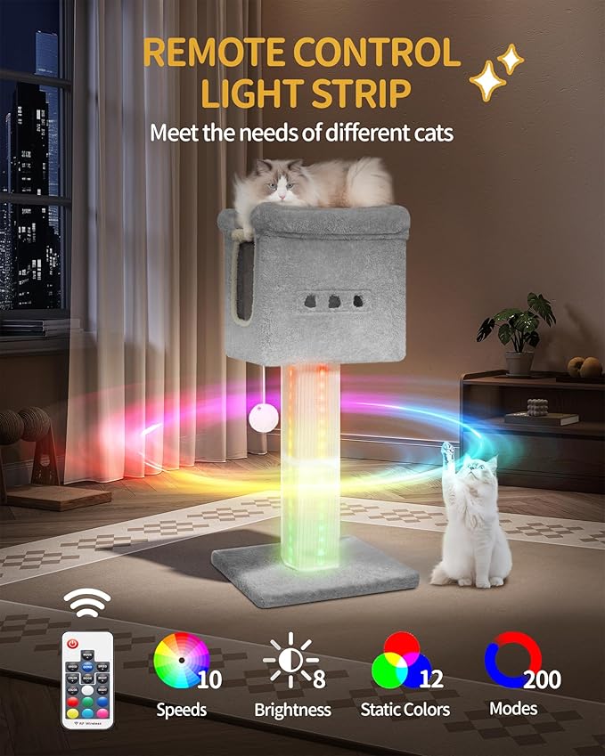 39-Inch Cat Scratching Post Tower with Bed, Cat Tower with LED Light Strip, Cat Scratcher Post with Woven Sisal, Condo, Pompom, Light Gray MS99018LG