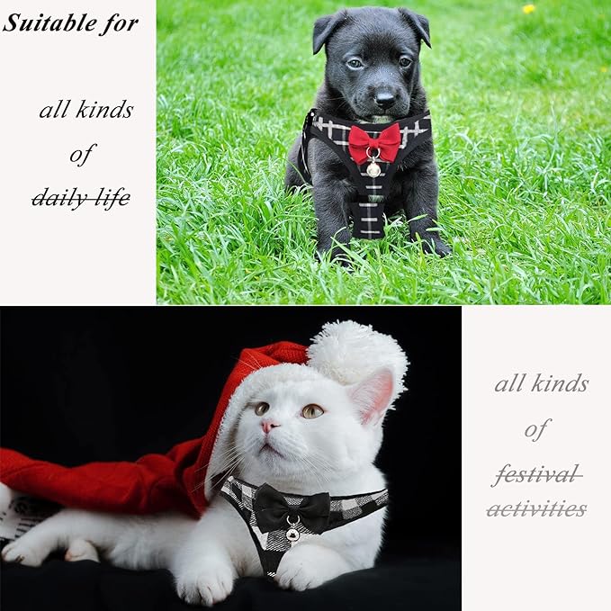 Cat Leashes and Harnesses for Walking,Breathable Soft Kittens Vest for Cats Dogs, Kitten Harness Escape Proof with Bell and Bow-Knot Decoration Christmas(XXS, Black-White)