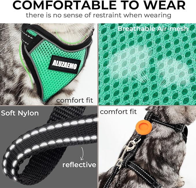 Cat Harness and Leash Set with Airtag Holder - Escape Proof Cat Vest Harness for Walking Travel Outdoor - Reflective Adjustable Soft Mesh Breathable Cat Body Harness