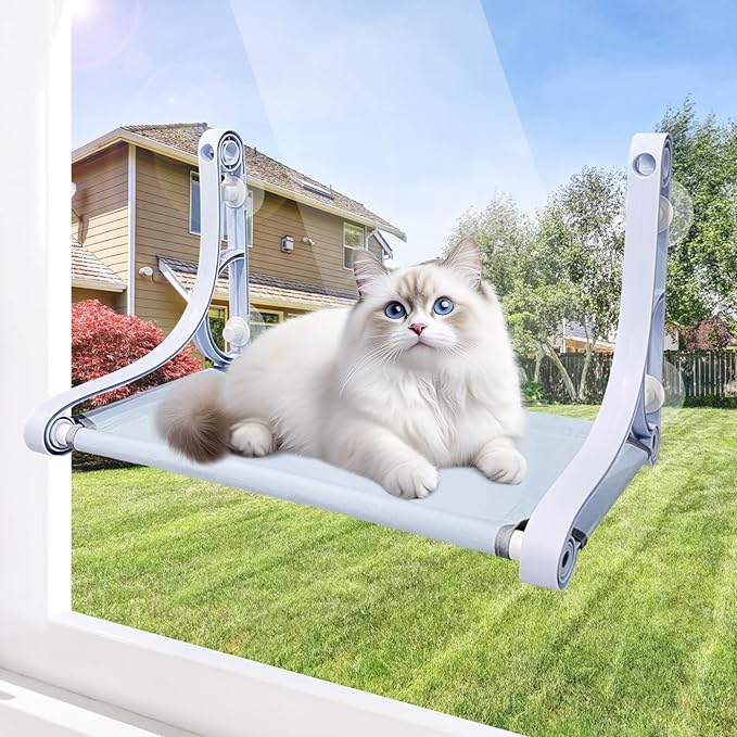 Cat Window Sill Perch - 4 Strong Suction Cups, Cordless Cat Hammock 2 Support Modes, Spacious and Comfortable Cat Gift - for Sunbathing/Napping/Looking Out - Holds Up to 40 Lbs