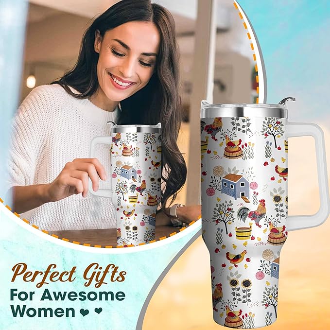 40 Oz Chicken Tumbler with Handle and Straw, Double Wall Stainless Steelchicken Mugs, Insulated Rooster Cup Gifts for Chicken Lovers Women, Chicken Travel Mug Chicken Gifts for Women