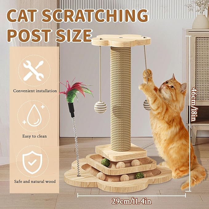 Wood Cat Scratching Post, Cat Tree Scratching Post with Cat Interactive Toy, Cat Scratching Post for Indoor Cats (18In)