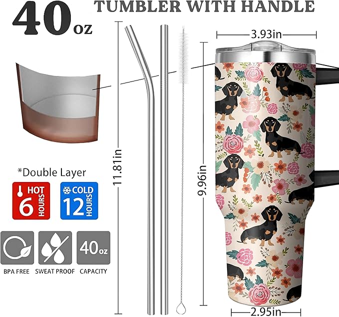 40 Oz Dachshund Tumbler With Handle and Straw, Double Wall Stainless Steel Mug, Coffee Mug for Dog Lovers, Dad or Mom Tumbler, Gifts for Women and Men