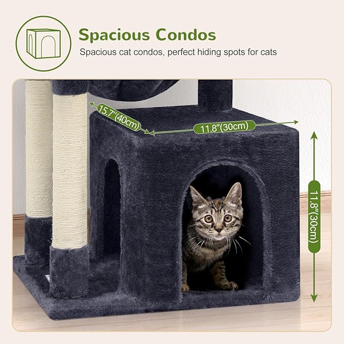 F46A Compact Cozy Cat Tree Tower | 46-Inch Sturdy Cat Condo with Scratching Posts, Hammock, and Anti-Tip Kit | Ideal for Small Spaces & Large Big Cats | Premium Quality Materials, Dark Grey
