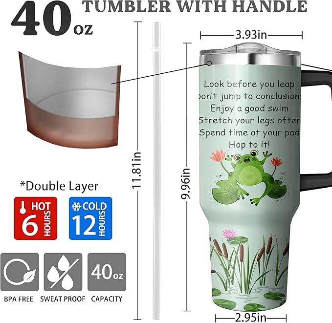 40 Oz Frog Tumbler with Handle and Straw, Double Wall Stainless Steel Insulated Coffee Mug, Leak Proof Cup, Gifts for Women and Frog Lovers