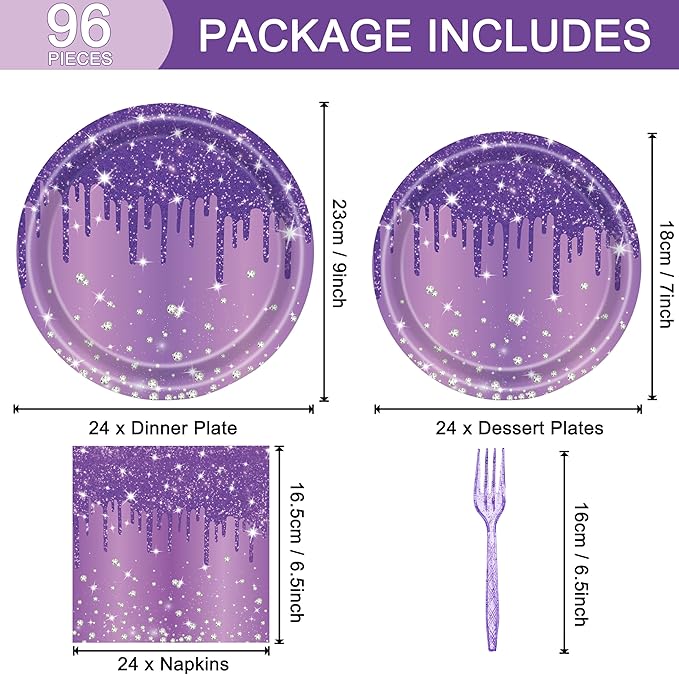 96 Pcs Purple Silver Plates and Napkins Party Supplies, Disposable Forks Paper Dessert Tableware Glitter Decorations Birthday Table Dinnerware Favors Set, Serves 24