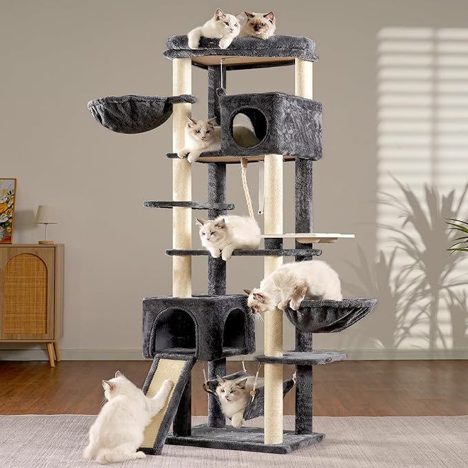 Hey-brother Cat Tree, 70.8 Inches Multi-Level Cat Tree Tower for Large Cats, Heavy Duty Cat Tower with Cat Condo,Baskets, Cat Scratching Posts, Big Hammock and Food Bowls, Smoky Gray MPJ036G