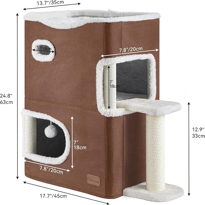 YIATHOME 2-Tier Cat House, Cat Beds for Indoor Cats, Small Cat Condo with Scratch Post, Hideaway Cave, Climbing Stand, Modern Cat Cube Playhouse for Multi Kittens, Brown
