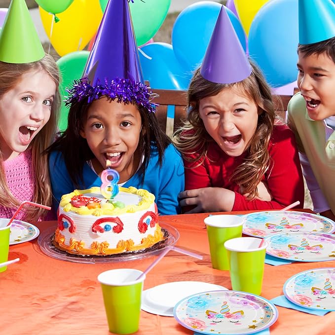 96 Pcs Birthday Party Supplies Rainbow Horned Horse Plates Napkins Forks Tableware Set Disposable Decorations for Girl Birthday Party, Serves 24 Guests