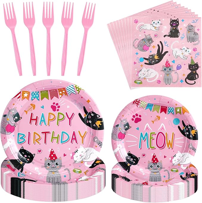 122 Pcs Cat Birthday Party Supplies Disposable Cat Themed Tableware Include 24 Dinner Plates 24 Dessert Plates 50 Paper Napkins 24 Forks Kitten Birthday Party Decoration for 24 Guests(Pink)