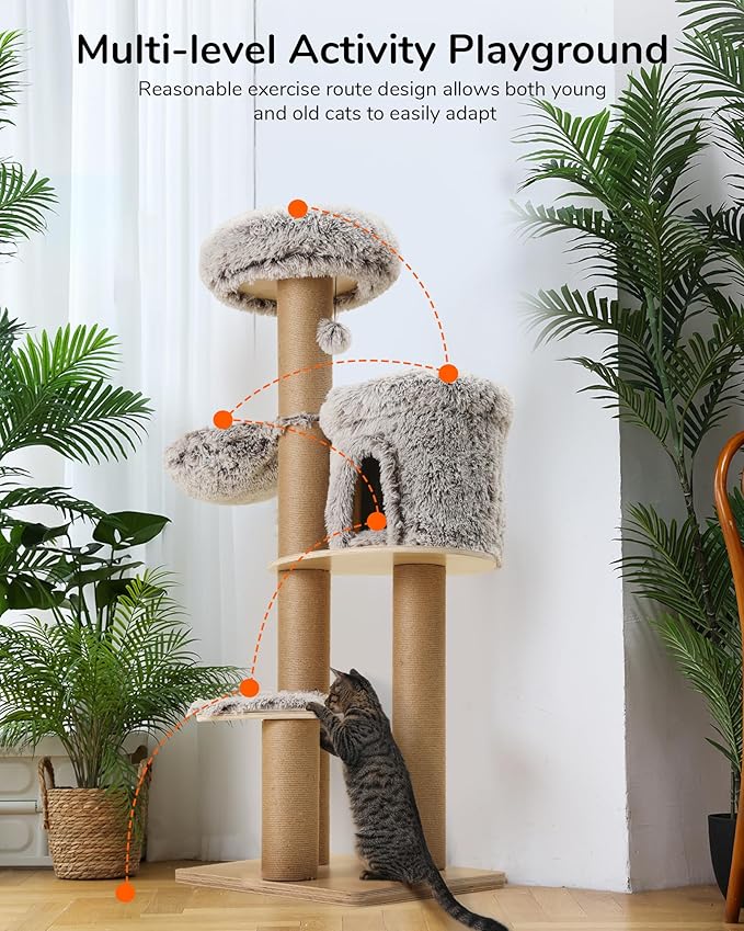FUKUMARU Cat Tree, 61 Inch 5 in 1 Cat Tower for Indoor Cats, Plush Multi-Level Cat Condo with 6 Scratching Posts, Detachable and Washable Cushions, Activity House with Perch and Hammock for Most Cats