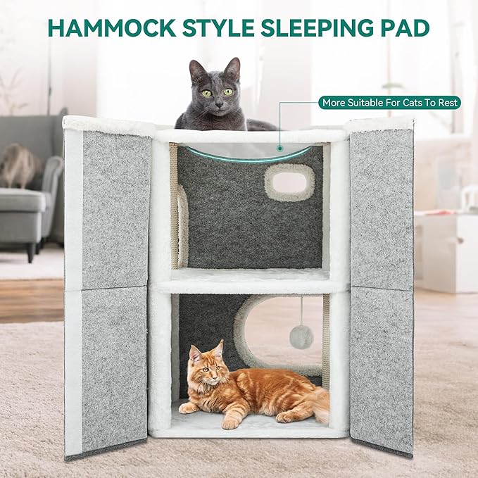 YIATHOME 2 Storey Cat House, Cat Beds for Indoor Cats, Small Cat Condo with Scratch Post and Hideaway Cave, Modern Cat Cube Playhouse for Multi Kittens, Classic Style, Grey