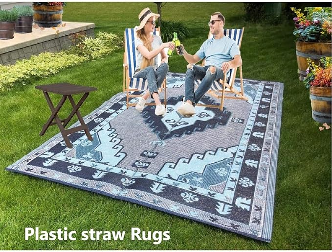 BalajeesUSA Outdoor Rug - 6x9 feet, Blue, Grey, Reversible, Portable, Duarable, Waterproof, Plastic straw patio rugs, Large RV camper mat 140