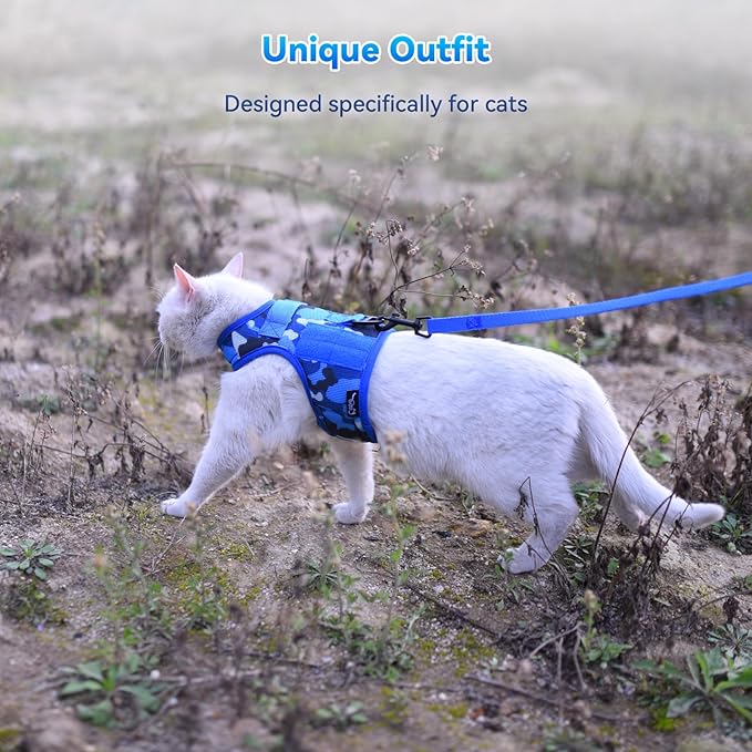 Tactical Cat Harness and Leash for Walking Escape Proof Breathable Mesh Fabric, Ocean Camo, Medium, Adjustable Cat Walking Jackets, Padded Stylish Cat Vest