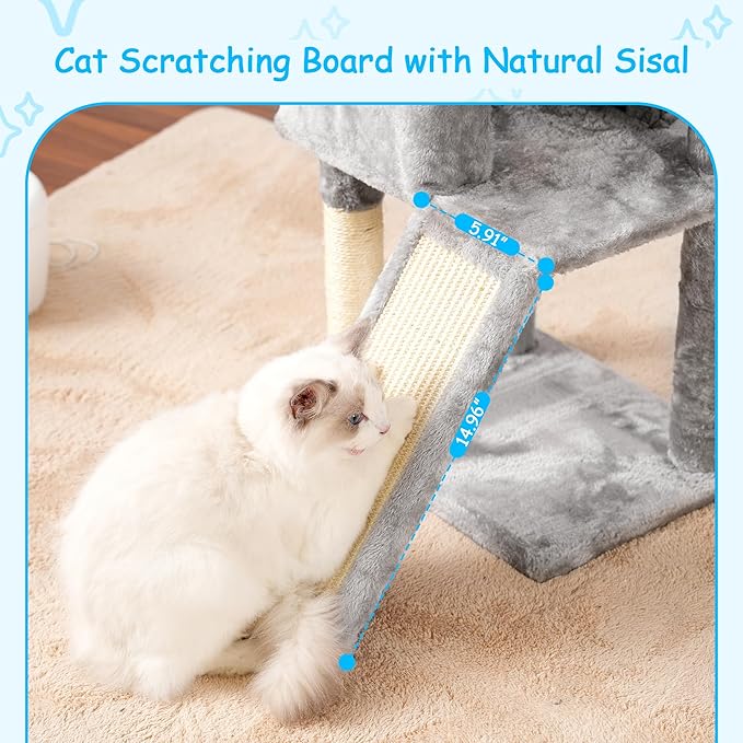 Hey-brother Cat Tree, 42.5-Inches Cat Tower for Indoor Cats, Plush Multi-Level Kitten Cat Condo with Scratching Post,Ramp, Basket, Spacious Cat Cave, Hanging Ball, Light Gray MPJ007SW