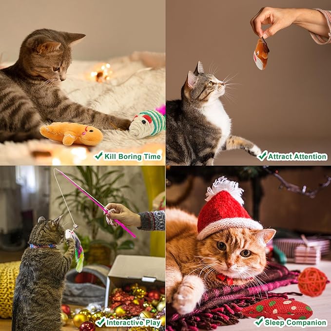 12Pcs Christmas Stocking Cat Toys, Xmas Cat Toys Set with Catnip Plush Toy, Mice Feather Toys, Cat Wand, Pet Supplies for Kitten Toys Interactive Play Indoor Cats Christmas Decorations