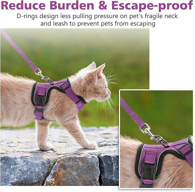 Dooradar Cat Harness and Leash Set, Escape Proof Safe Adjustable Kitten Vest Harnesses for Walking, Easy Control Soft Breathable Mesh Jacket with Reflective Strips for Cats, Purple, XXS
