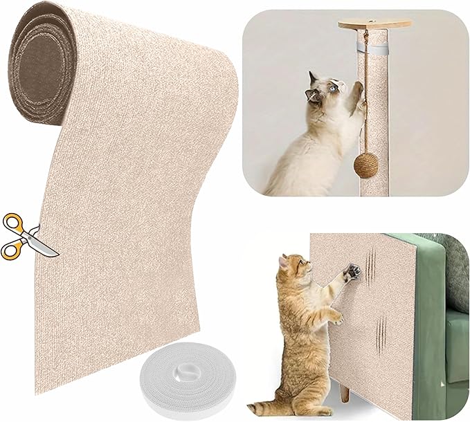 118”x15.8” Trimmable Cat Scratching Post Carpet Cover Cat Scratcher Mat Self-Adhesive Cat Tree Shelves Replacement Parts Mat with 5M Cable Tie Couch Furniture Protector for Indoor Cats(Beige)
