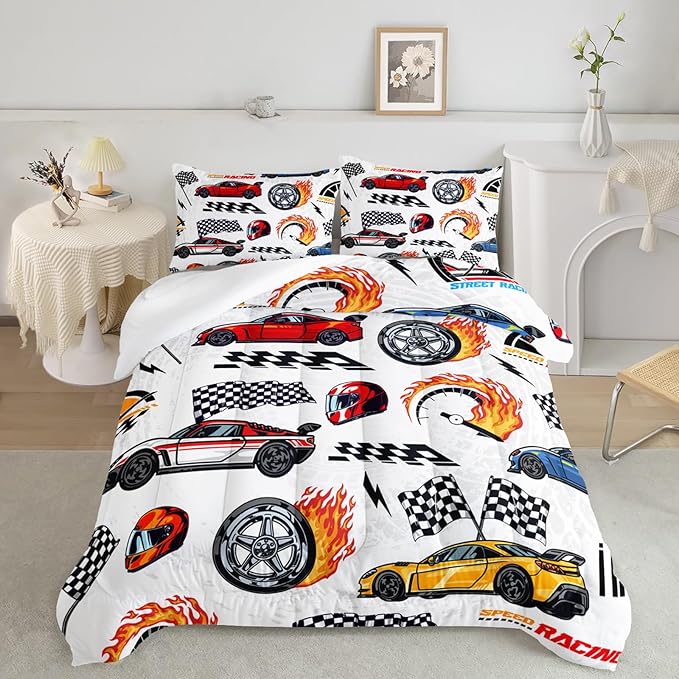 AILONEN Kids Racing Car Comforter Set Twin Size,Vehicles Construction Truck Bedding Set for Boys Teen,3 Piece Soft Duvet with 2 Pillowcases