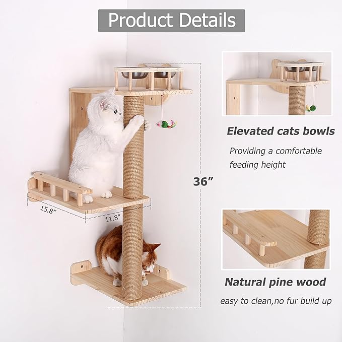 Wall Cat Tree with Feeding Station, 3-Levels Corner Shelf for Indoor Kitten Perching and Climbing, 36" Wooden Mounted Tower Playground