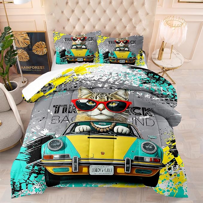 AILONEN Racer Cat Comforter Set Twin Size,Speed Racing Car Sport Bedding Set for Kids Boys,Cool Cat Hip-Hop Graffiti Printed Comforter with 2 Pillowcases,3 Piece