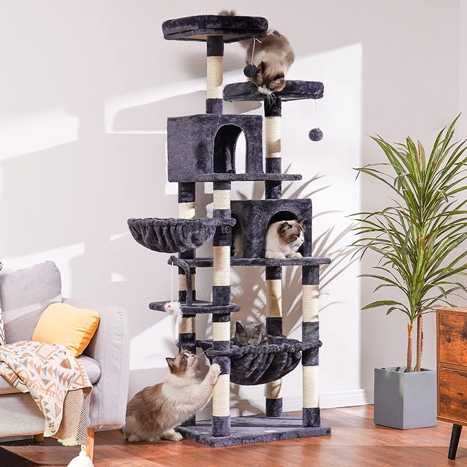 Heybly Cat Tree, 70 inches Tall Cat Tower condo with Toy for Indoor Large Cats, Cat House Furniture with Padded Plush Perch, Cozy Hammock and Sisal Scratching Posts,Smoky Gray HCT032G