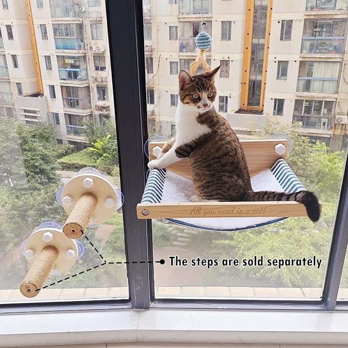 Cat Window Perch, Natural Wood Material, 5 Big Size Suction Cups-40 lbs Weight Limit, 17'' Wide Cat Hammocks for Window, Easy to Install