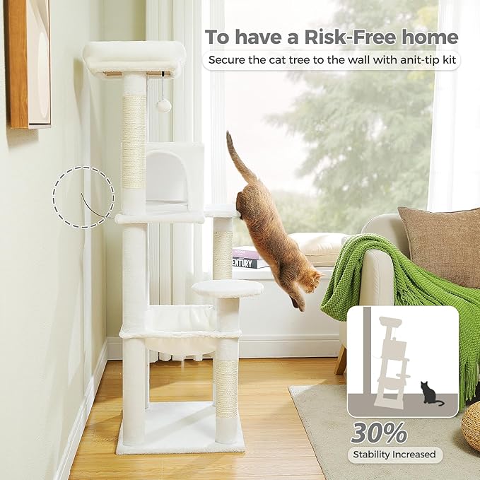 PETEPELA 56.3'' Tall Cat Tree for Indoor Large Cats, Multi-Level Cat Tower with Super Large Hammock (20''X16''), Sisal Covered Scratching Posts, Cozy Condo and Top Perch,White