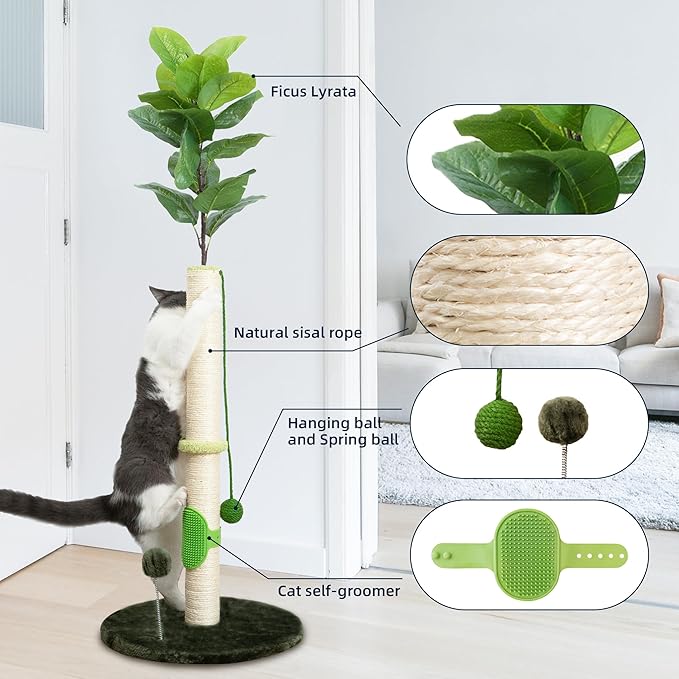 Cat Scratching Post 45 inch Tall Scratching Post with Sisal Rope for Indoor Cats, with Sisal Balls and Self-Grooming Rubber Brush