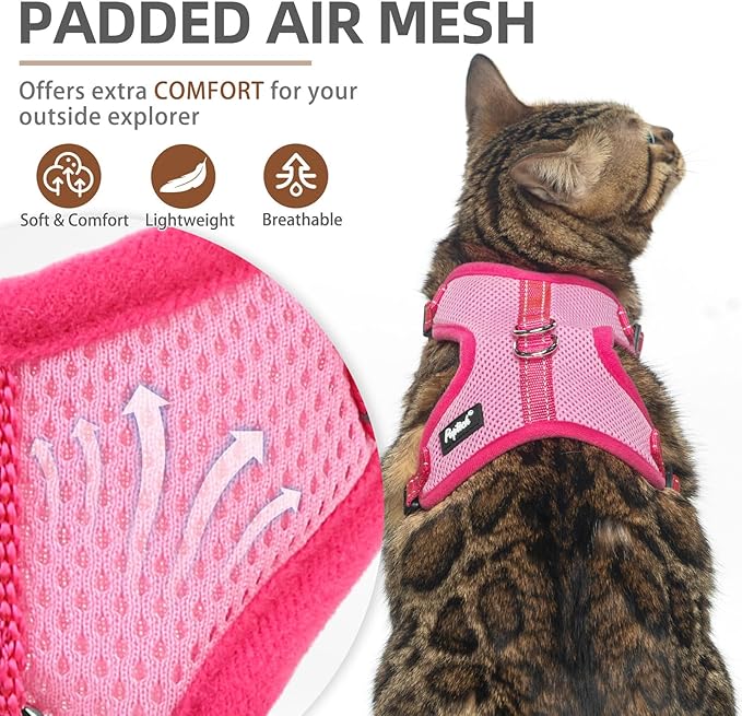 PUPTECK Cat Harness and Leash Set Escape Proof, Reflective Adjustable Soft Mesh Kitten Vest Harness for Walking Travel, Pink, S
