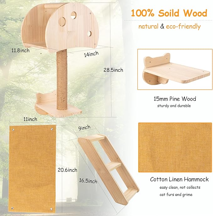 Wall Mounted Cat Tree House Mushroom Cat Shelf for Wall Climbing Solid Wood Indoor Cat Wall Furniture