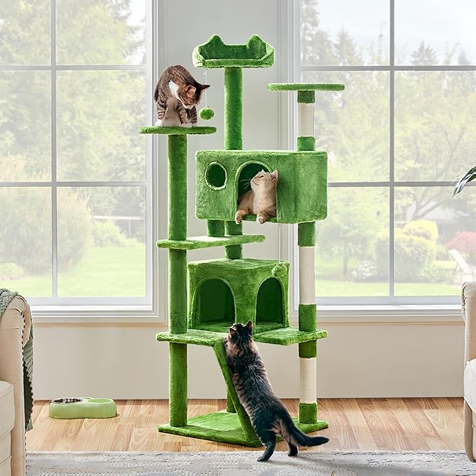 Yaheetech 62in Cat Tree Cat Tower for Indoor Cats, Cat Furniture w/Double Cat Condo, Scratching Posts, Multiple Platforms and Balls for Kittens & Cats, Green
