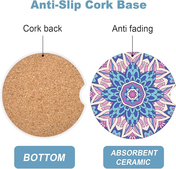2 Pack Car Cup Holder Coasters, 2.63 inch Anti Slip Insert Absorbent Ceramic Coasters with Cork Base and Finger Notch, Cute Car Accessories Interior for Women
