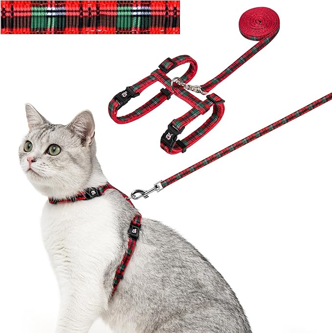 azuza Christmas Plaid Cat Harness and Leash for Walking Escape Proof, Classic Plaid Cat Harness, Soft Adjustable Harness for Cats Neck Girth: 7"-10", Chest Girth: 10"-17"
