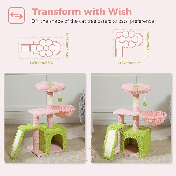 PETEPELA Flower Cat Tree for Indoor Cats, 32'' Small Cat Tower Cat Condo with Sisal Scratching Ramp, Cozy Hammock and Removable Flower Bed Perch for Kittens, Pink