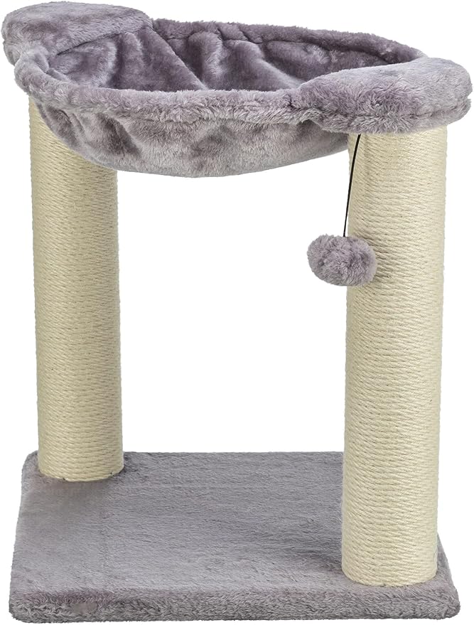 TRIXIE Baza 20-in Cat Scratching Posts, Durable Jute Cat Scratcher with Plush Hammock and Dangling Cat Toy, Gray