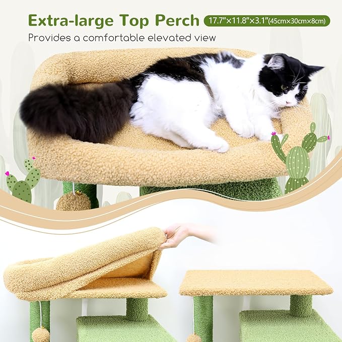 F49C Cactus Cat Tower for Indoor Cats, Cactus Series 49inch Cat Climbing Tower Cat Tree with Hammock, Scratching Post, Large Cat Condo House, Cactus Green
