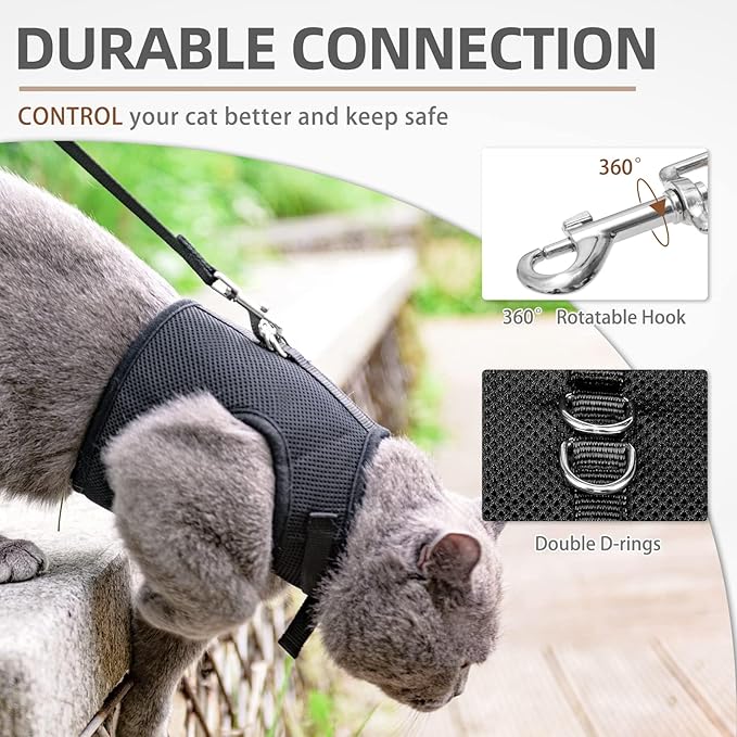 PUPTECK Soft Mesh Cat Vest Harness and Leash Set Puppy Padded Pet Harnesses Escape Proof for Cats Small Dogs Rabbits Bunny, Black XL