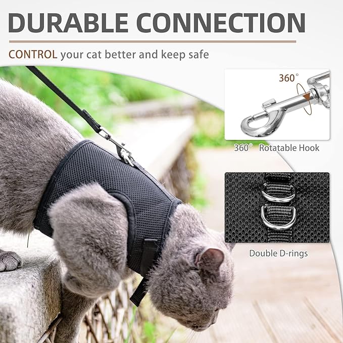 PUPTECK Soft Mesh Cat Vest Harness and Leash Set Puppy Padded Pet Harnesses Escape Proof for Cats Small Dogs Rabbits Bunny, Black Medium