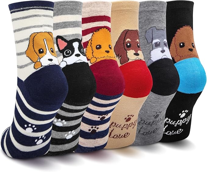 6 Pairs Women's Cute Cat Socks, Funny Novelty Animal Print Crew Cotton Socks Christmas Gifts for Women Girls