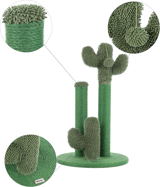 CTR1009A Marfa 25.25" Modern Jute Triple-Cactus Cat Scratching Post with Fuzzy Toy, Green