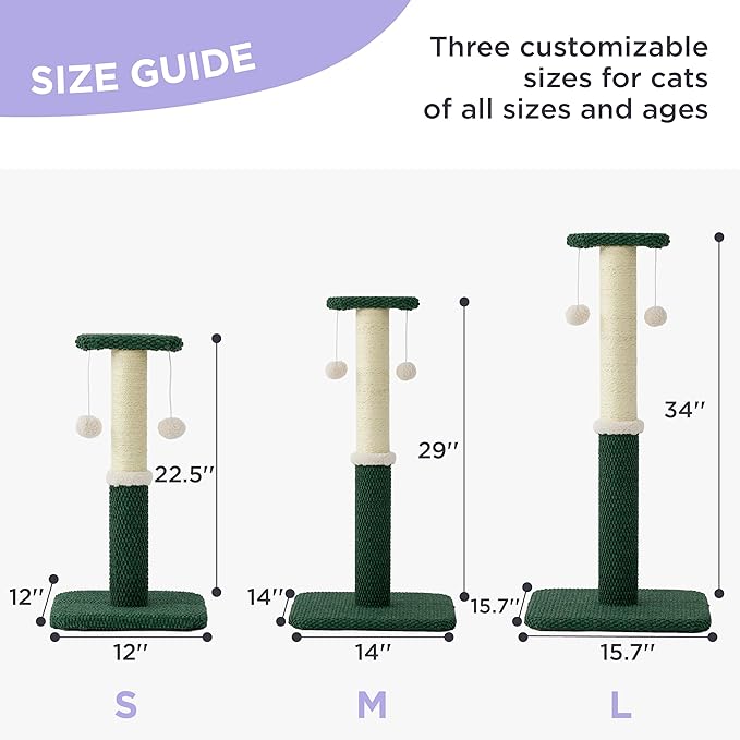 Lesure Cat Scratching Post for Indoor Cats - Highly Resistant Carpet Scratch Posts, Premium Sisal Rope Scratch Posts for Kittens, Sturdy Small Cat Scratch Pole with Hanging Ball, Green(22.5 inch)