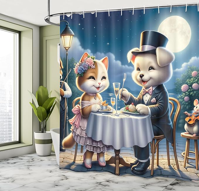 Ambesonne Cat Shower Curtain, Smiling Happy Kitty Lady and Gentleman Puppy Romantic Dinner Date Print, Cloth Fabric Bathroom Decor Set with Hooks, 69" W x 75" L, Night Blue Rose Apricot
