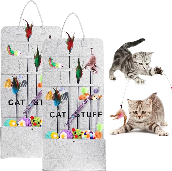 2 Pack Cat Toy Storage, Hanging Cat Teaser Wand Holder for Neatly Organization, Durable Feather Pet Toy Organizer Bag with Handle for Indoor Cat, Pet Supplies, Feline Safety