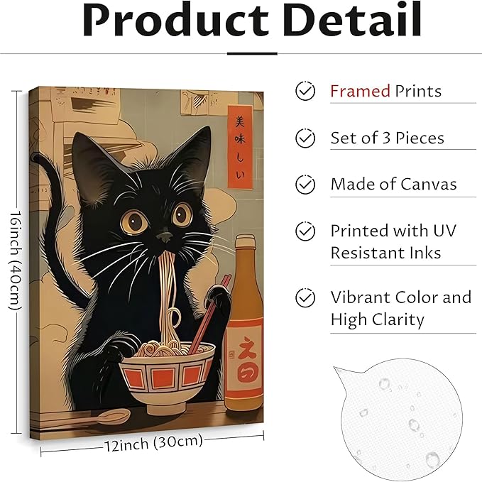 3Pcs Framed Japanese Black Cat Canvas Wall Art Vintage Cat Eating Ramen Posters Prints Edo Period Ramen Pictures Japan Kitchen Painting Unique Kitchen Dining Wall Decor Animal Lover Gift 16x24in