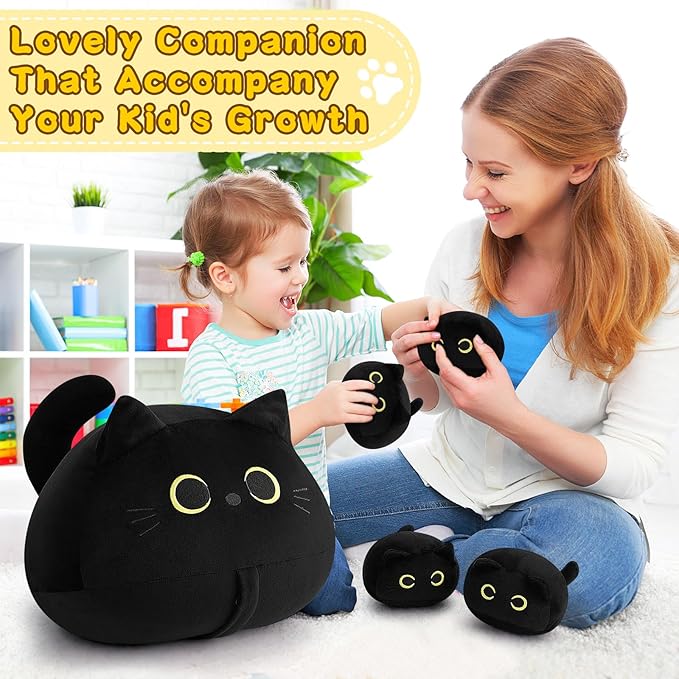 Auspicious beginning 19'' Black Cat Plush 5PCS Cat Family PlushToys,Cute Black Cat Mommy Cat with 4 Baby Kittens Cat Plushies for Kids, Kawaii Birthday Gifts for Kids Boys Girls