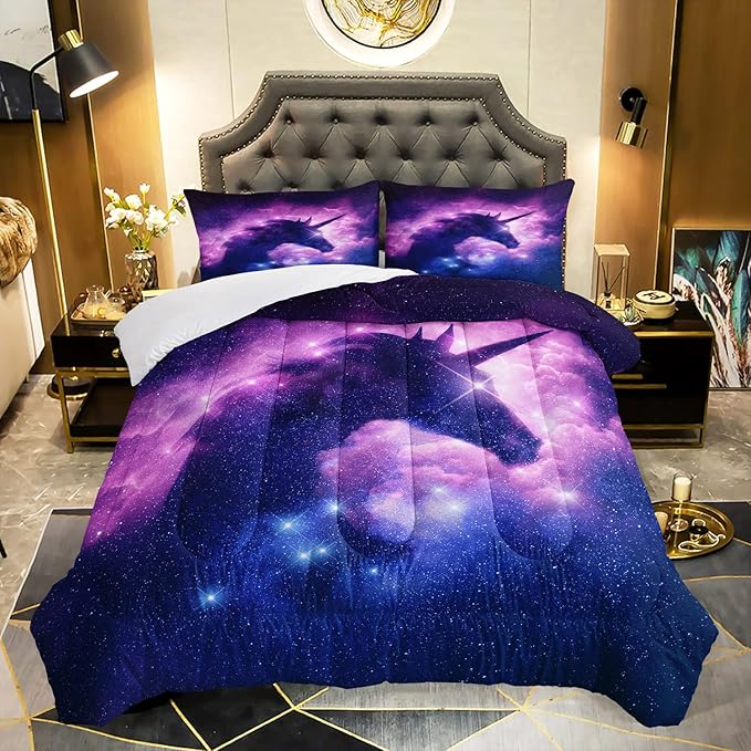 AILONEN Purple Space Unicorn Comforter Set, Superior Kids Bedding Set Queen for Teen Girls and Boys,Bed-in-a-Bag Printed Galaxy Bed Sets,Microfiber,(1 Comforter 2 Pillowcases 3 Piece)